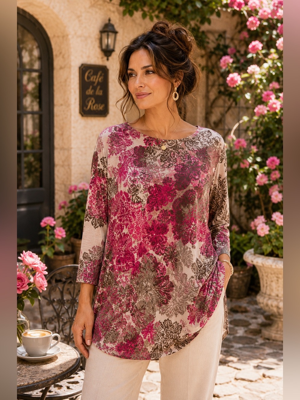 Susan Graver Pink Taupe Damask Floral Tunic Top L 3/4 Sleeve Soft Stretch Knit